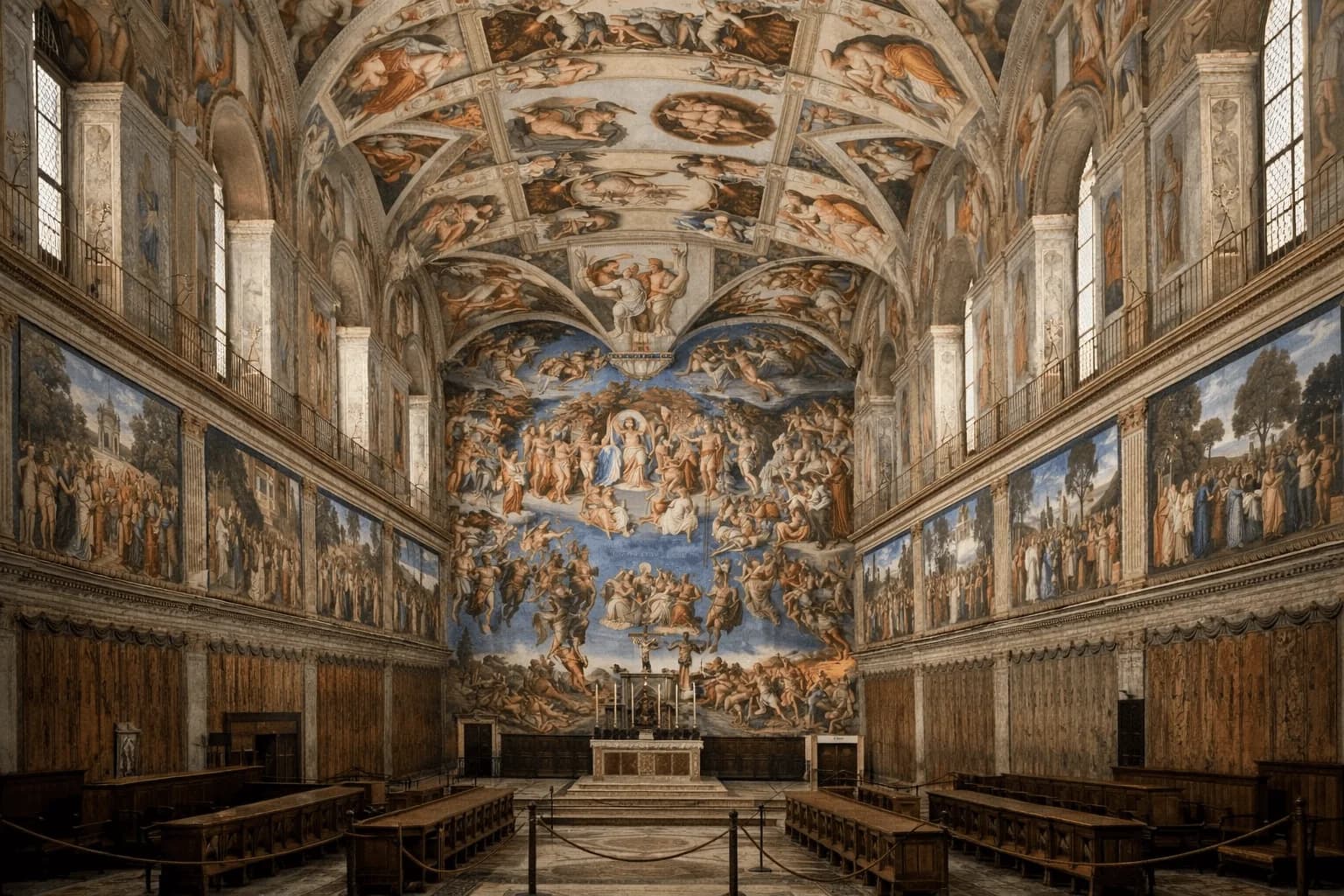 The Sistine Chapel, empty: the ceiling, the Last Judgement on the altar wall and the choir benches below